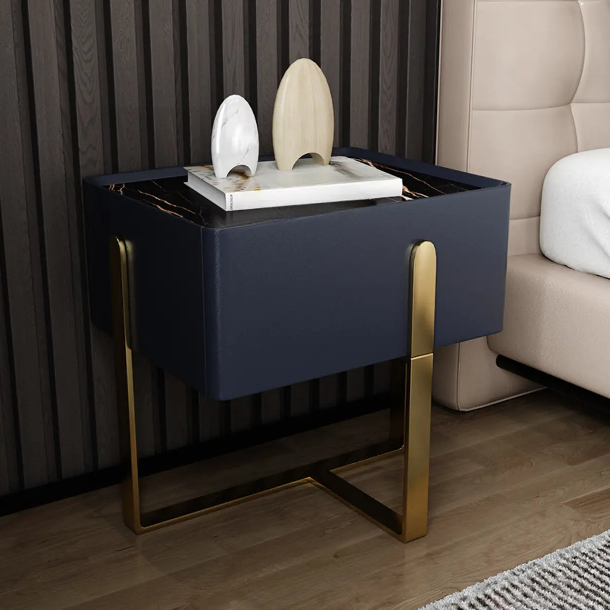 Modern Marble Top Gold Metal Leg Nightstand with Drawers Image - 5