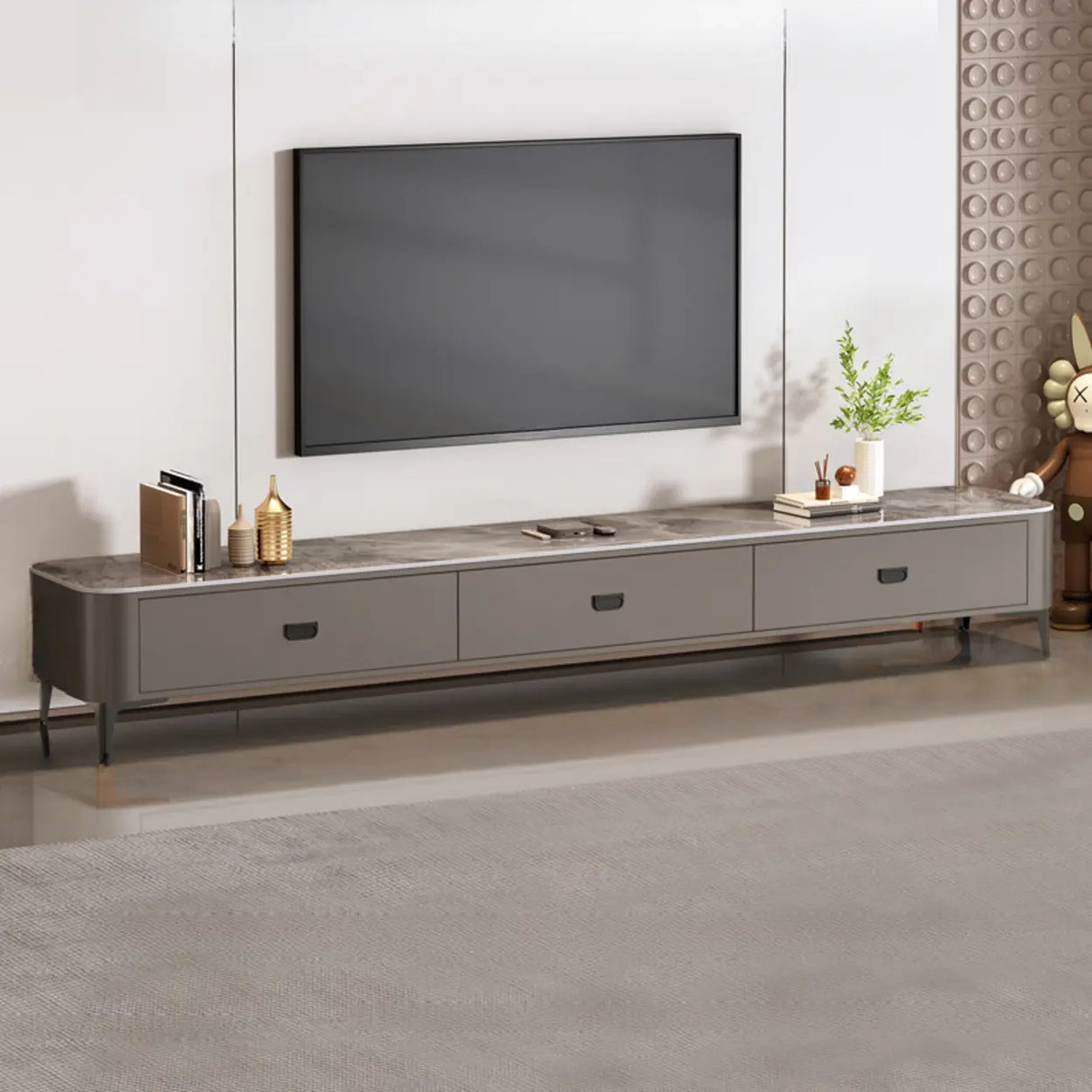 Modern Marble Top Gray TV Stand with Drawers Storage Image - 2