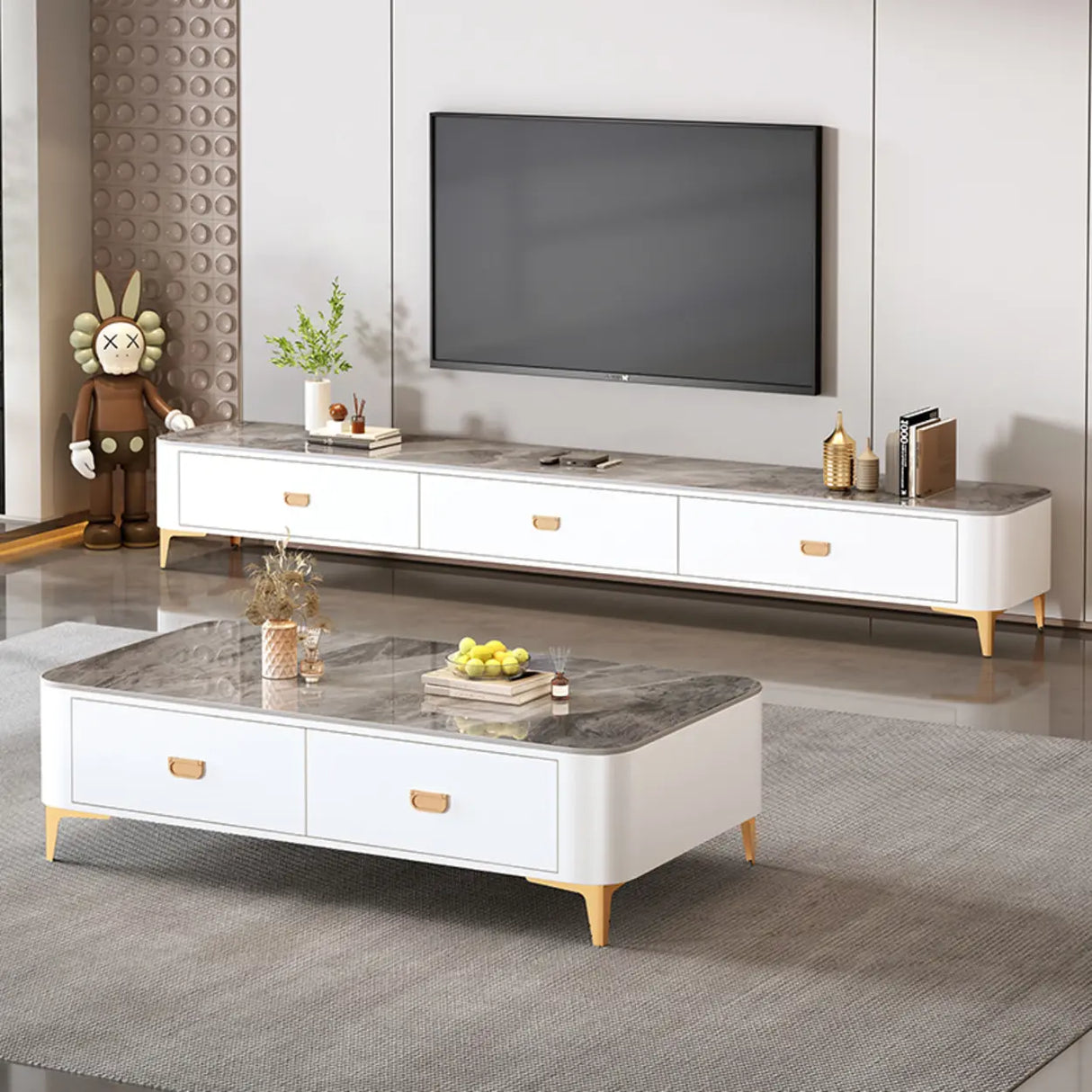 Modern Marble Top Gray TV Stand with Drawers Storage Image - 4