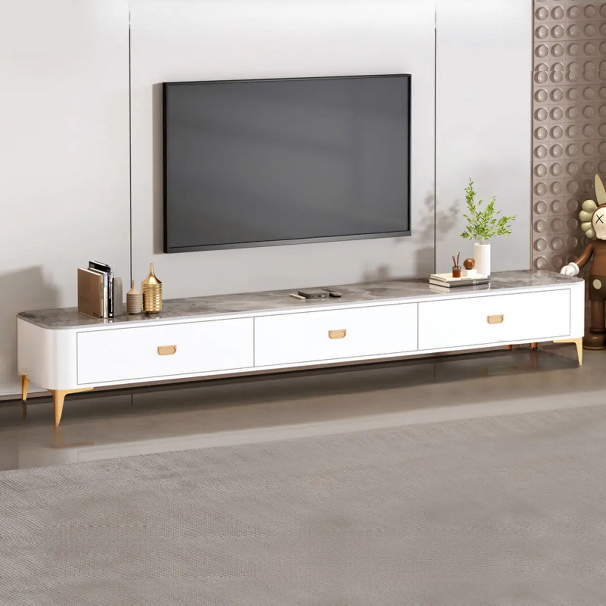 Modern Marble Top Gray TV Stand with Drawers Storage Image - 5