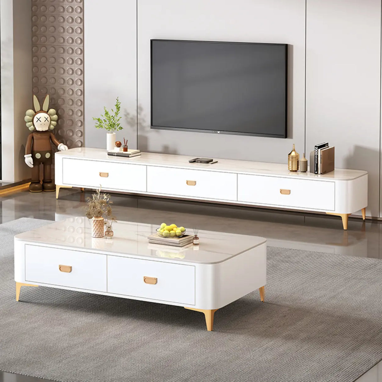 Modern Marble Top Gray TV Stand with Drawers Storage Image - 6