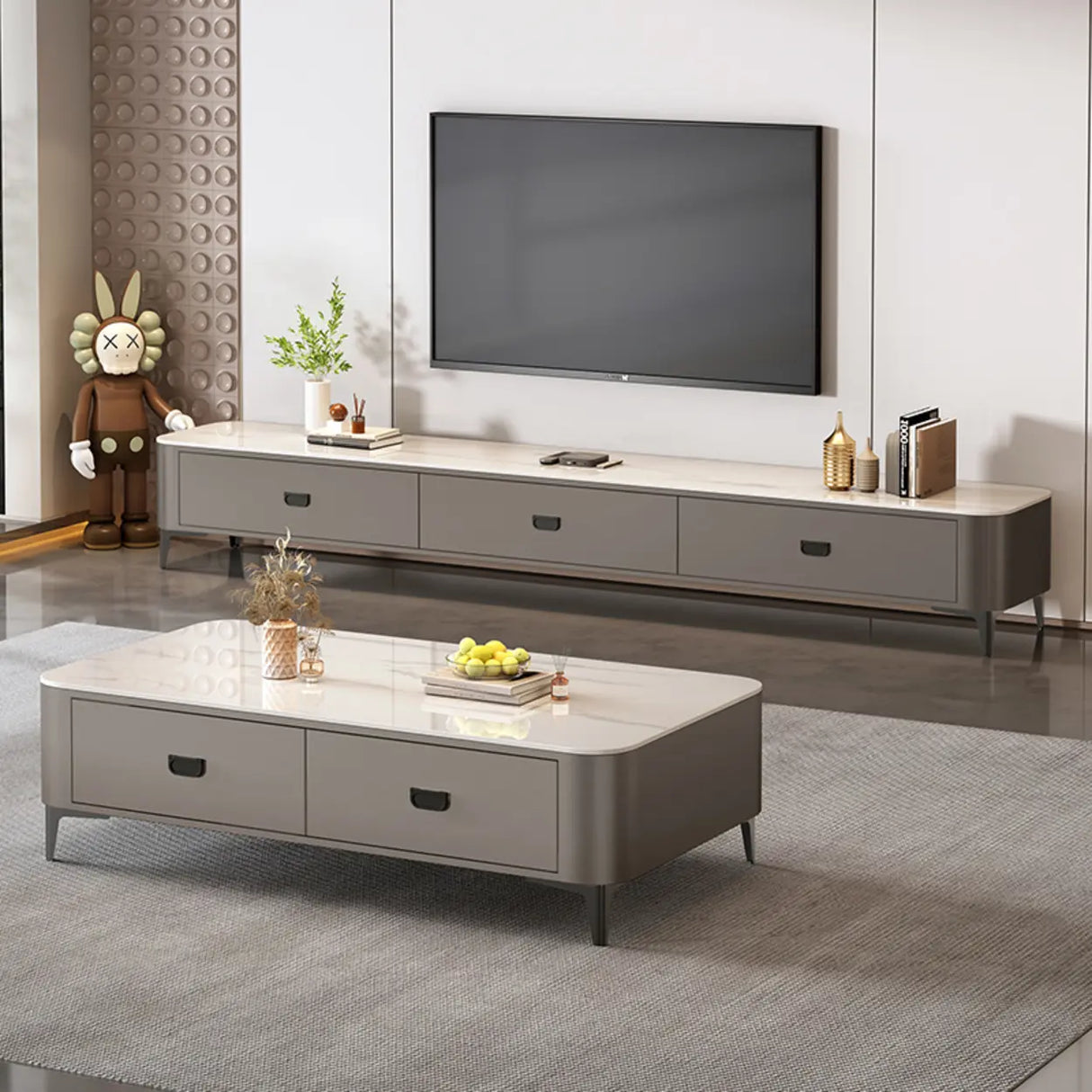 Modern Marble Top Gray TV Stand with Drawers Storage Image - 8