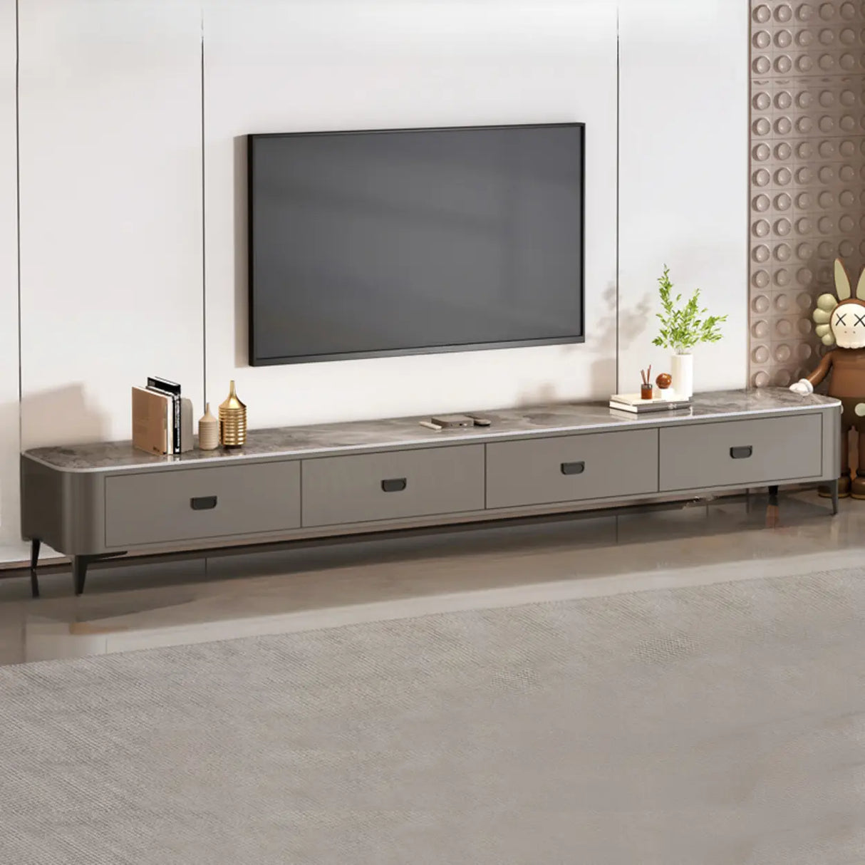 Modern Marble Top Gray TV Stand with Drawers Storage Image - 9