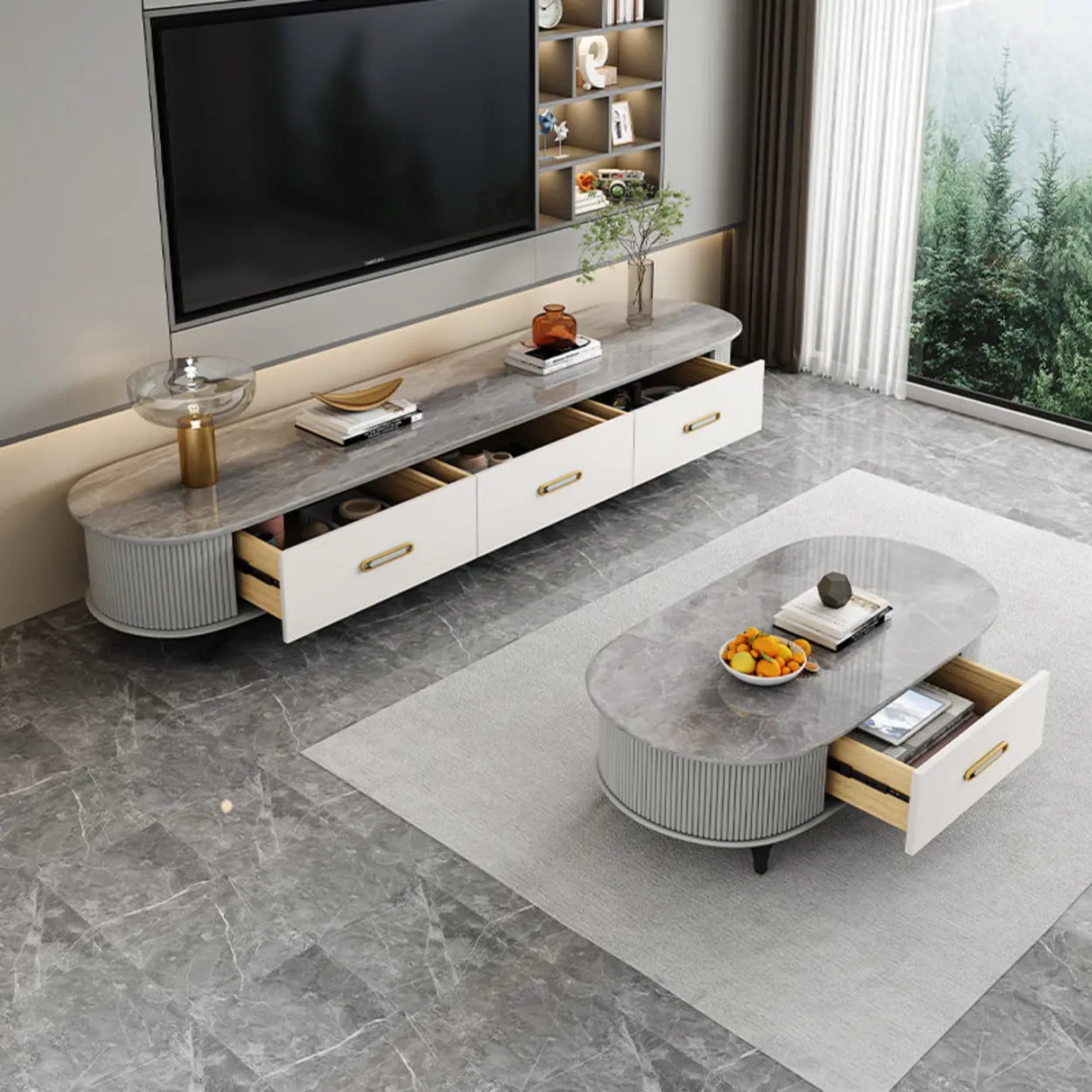 Modern Marble Top Oval TV Stand with Storage Drawers Image - 1