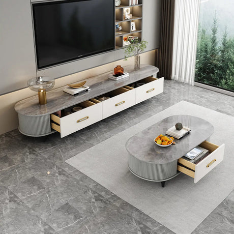 Modern Marble Top Oval TV Stand with Storage Drawers Image - 1
