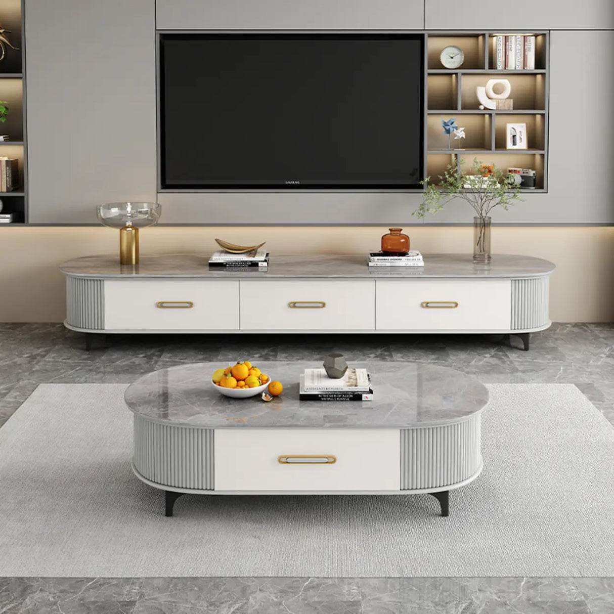 Modern Marble Top Oval TV Stand with Storage Drawers Image - 2