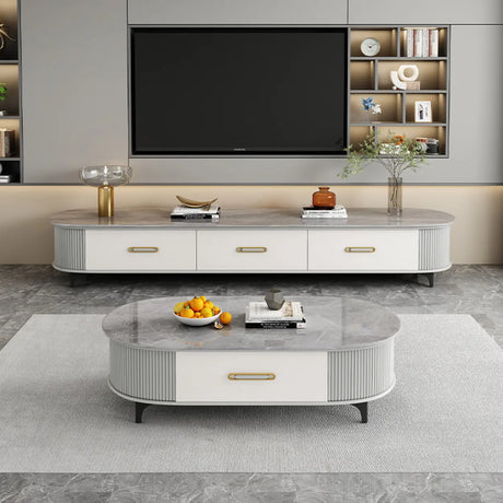 Modern Marble Top Oval TV Stand with Storage Drawers Image - 2