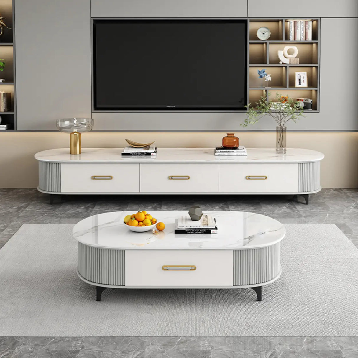 Modern Marble Top Oval TV Stand with Storage Drawers Image - 3