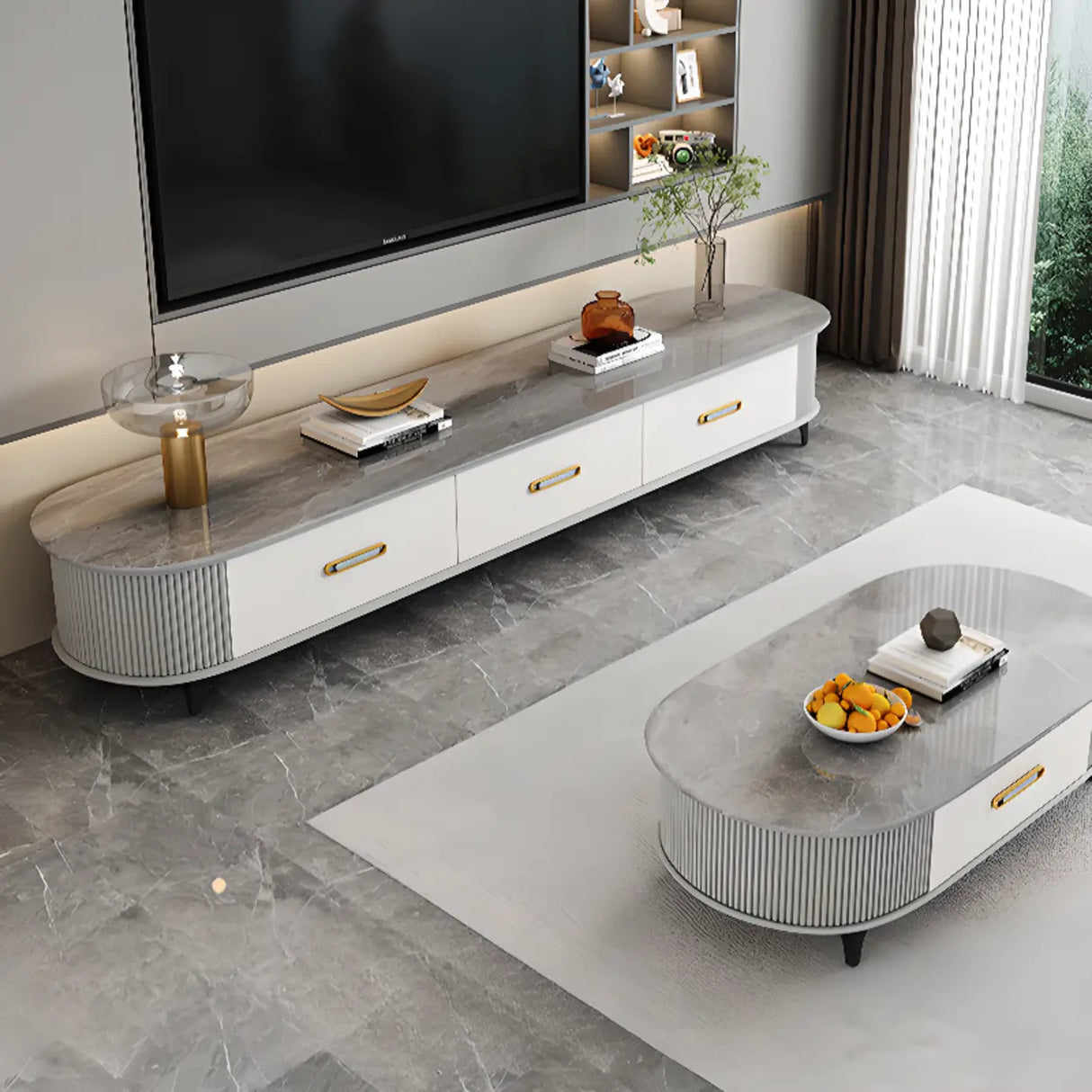 Modern Marble Top Oval TV Stand with Storage Drawers Image - 4