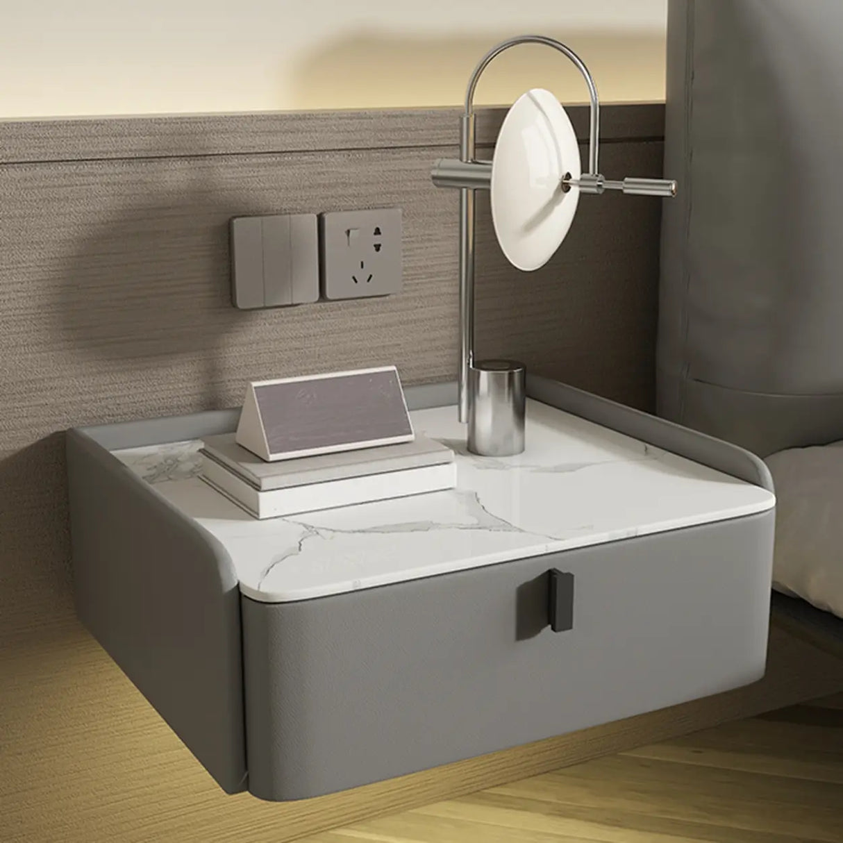 Modern Marble Top Wall-Mounted Nightstand with Drawer Image - 1