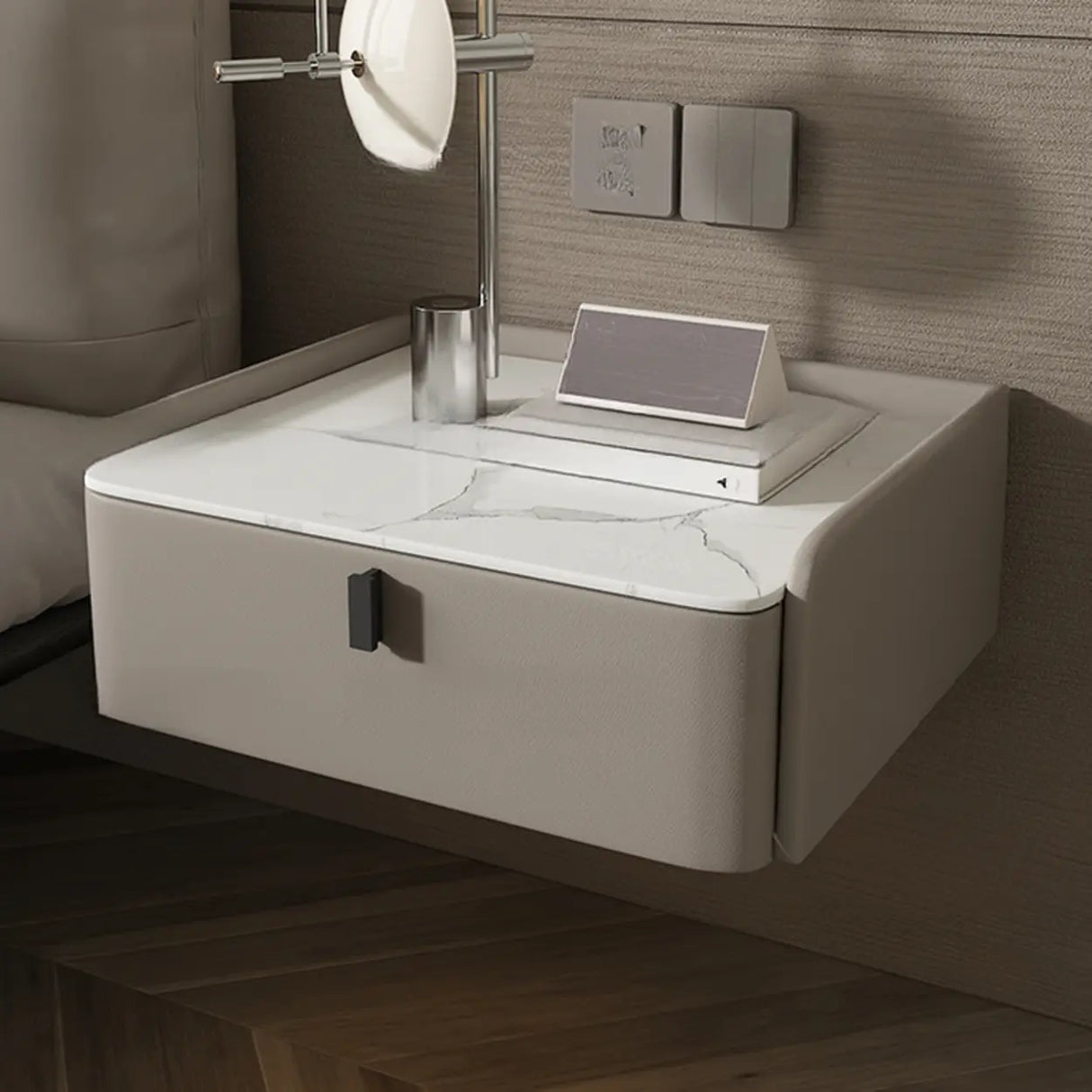 Modern Marble Top Wall-Mounted Nightstand with Drawer Image - 10