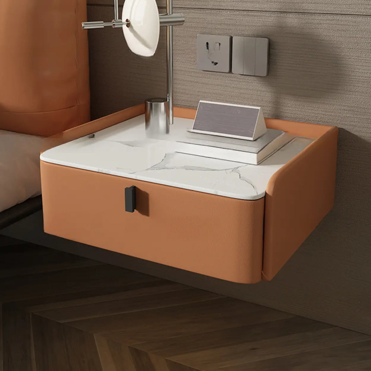 Modern Marble Top Wall-Mounted Nightstand with Drawer Image - 15