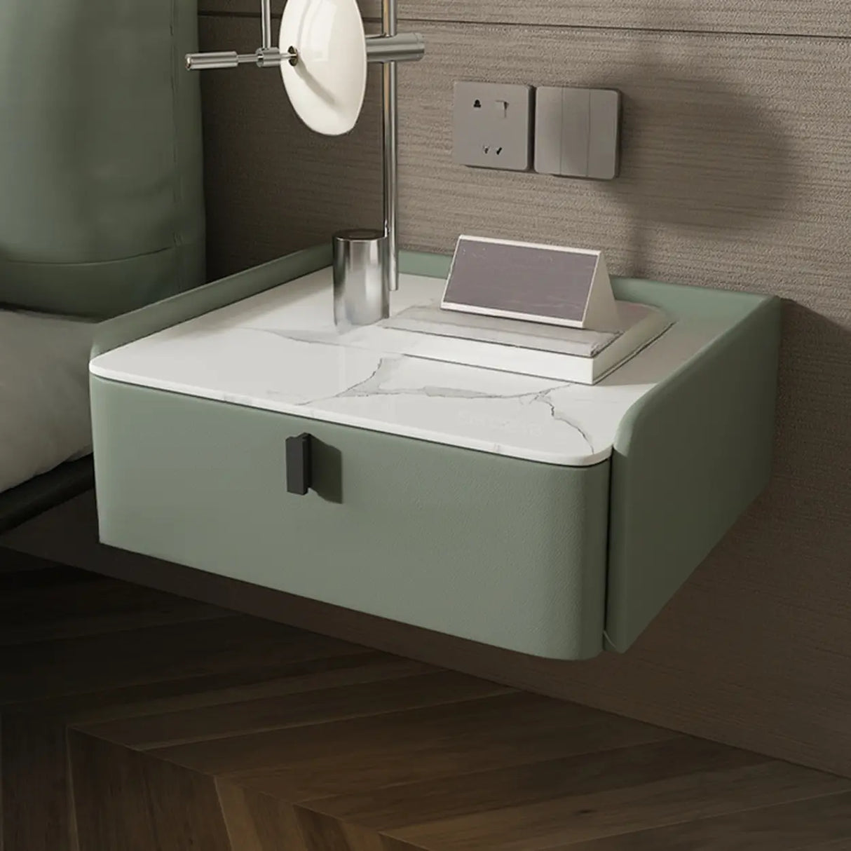 Modern Marble Top Wall-Mounted Nightstand with Drawer Image - 16