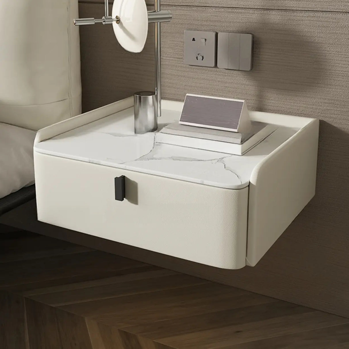 Modern Marble Top Wall-Mounted Nightstand with Drawer Image - 2