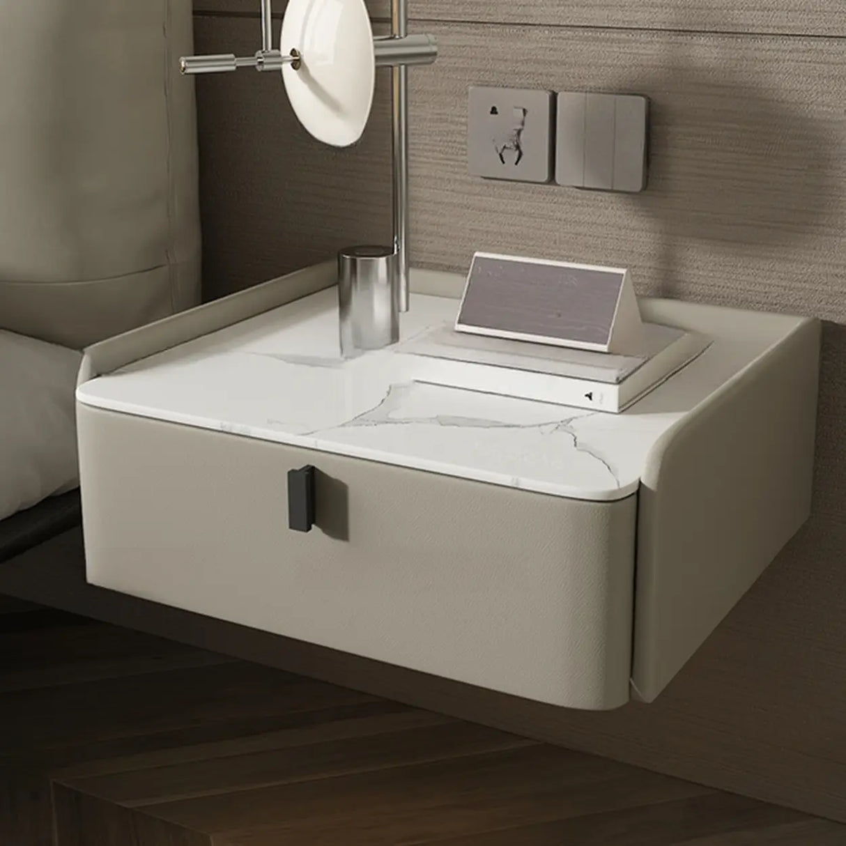Modern Marble Top Wall-Mounted Nightstand with Drawer Image - 3