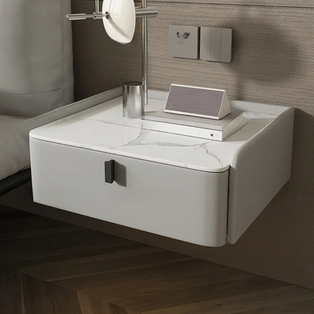 Modern Marble Top Wall-Mounted Nightstand with Drawer Image - 5