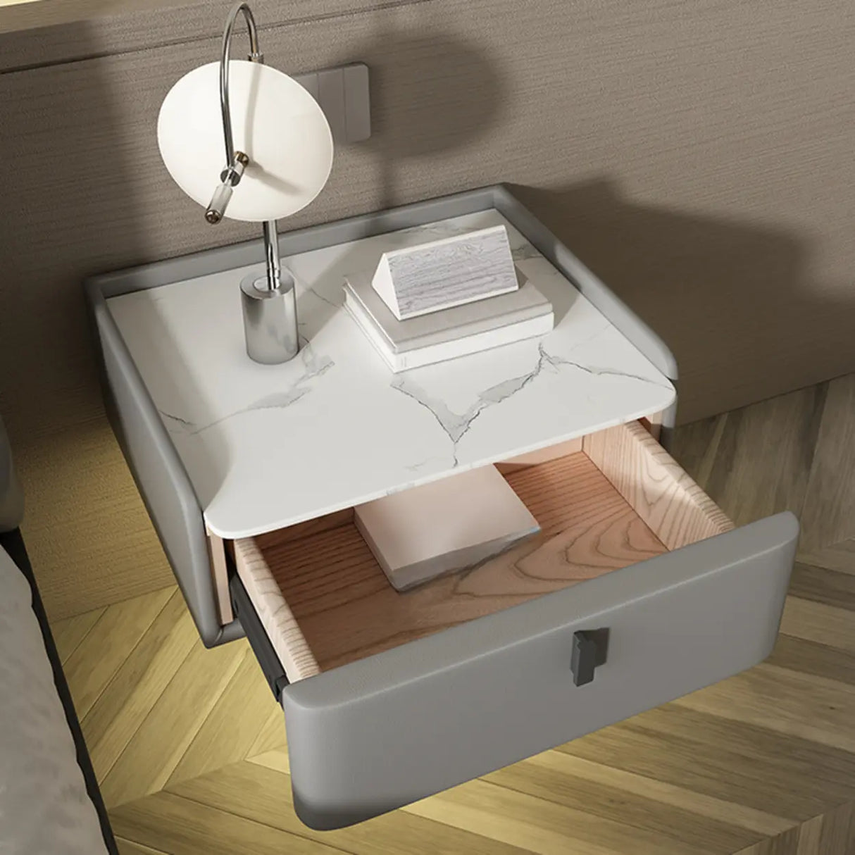 Modern Marble Top Wall-Mounted Nightstand with Drawer Image - 6