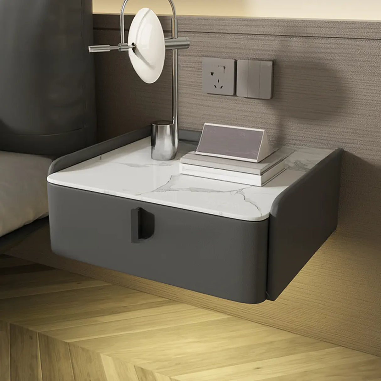 Modern Marble Top Wall-Mounted Nightstand with Drawer Image - 7
