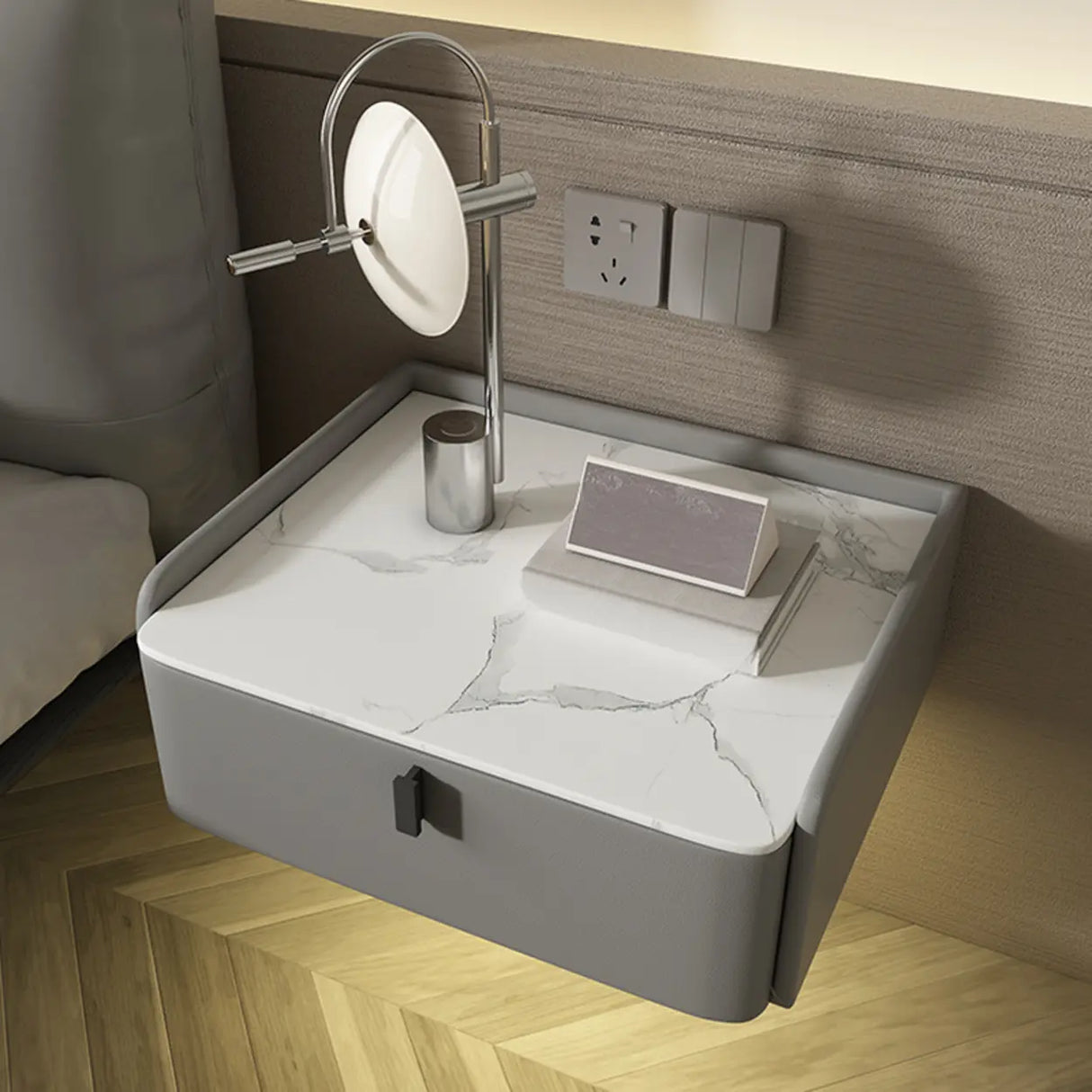Modern Marble Top Wall-Mounted Nightstand with Drawer Image - 8