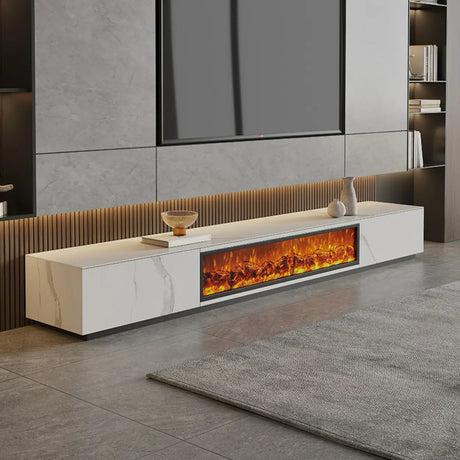 Modern Marble TV Stand Fireplace with Drawers & Lighting Image - 1