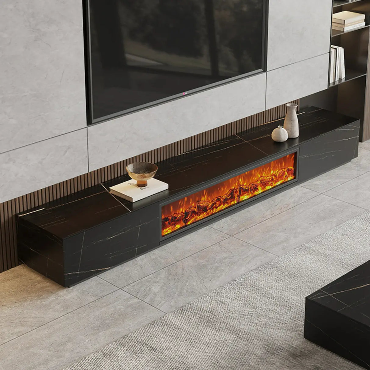 Modern Marble TV Stand Fireplace with Drawers & Lighting Image - 4