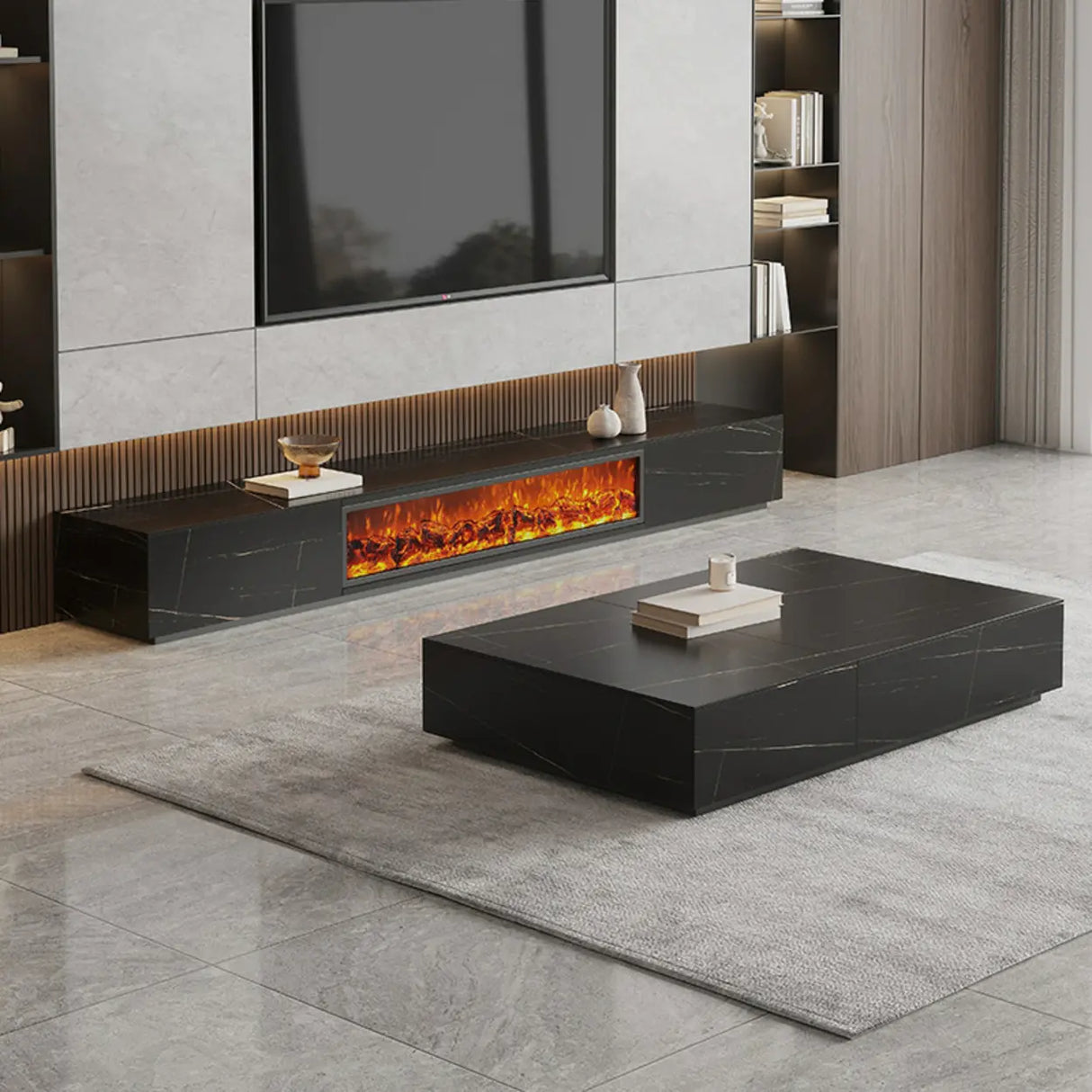 Modern Marble TV Stand Fireplace with Drawers & Lighting Image - 5