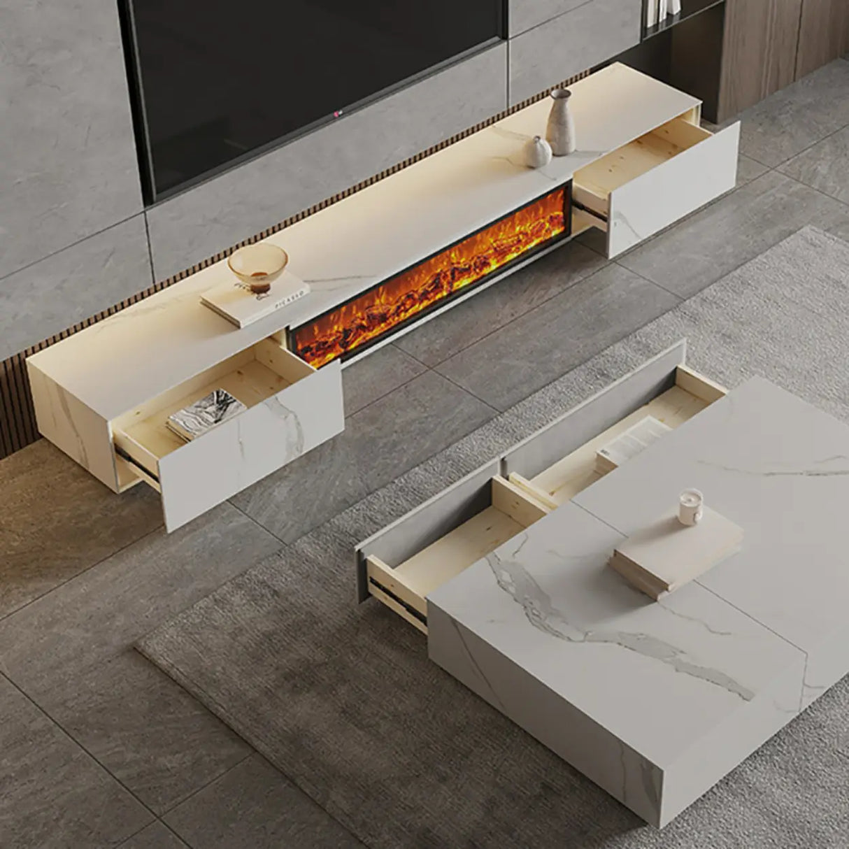 Modern Marble TV Stand Fireplace with Drawers & Lighting Image - 6
