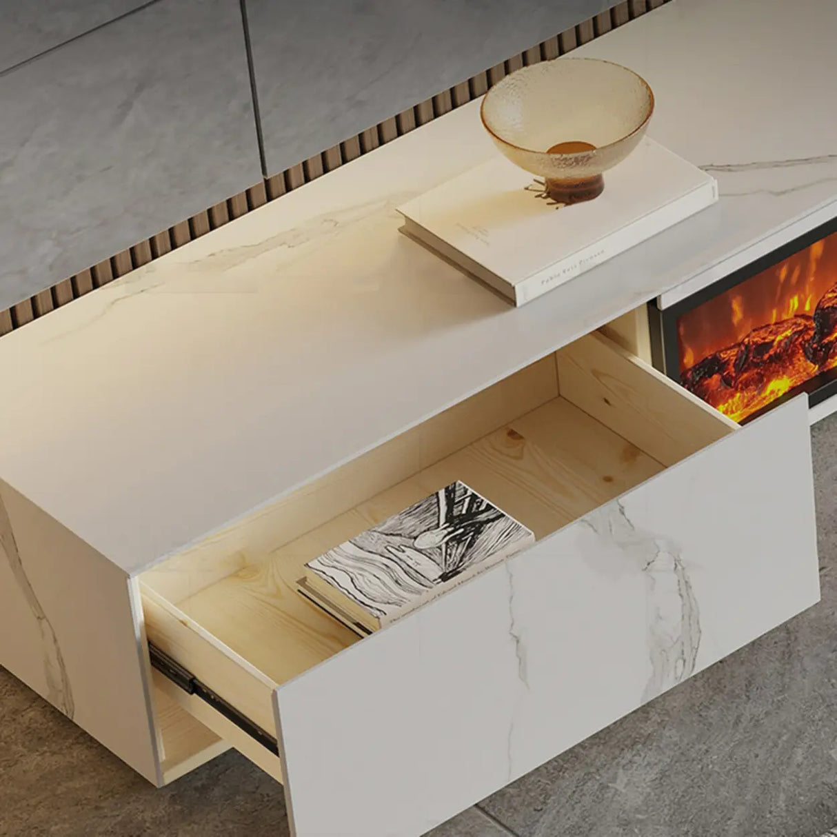 Modern Marble TV Stand Fireplace with Drawers & Lighting Image - 8