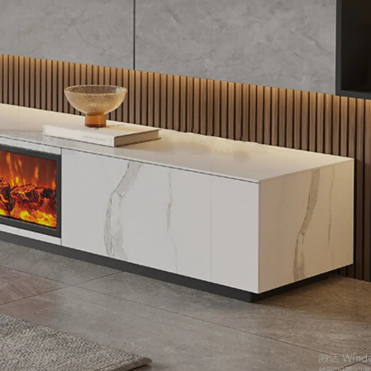 Modern Marble TV Stand Fireplace with Drawers & Lighting Image - 9