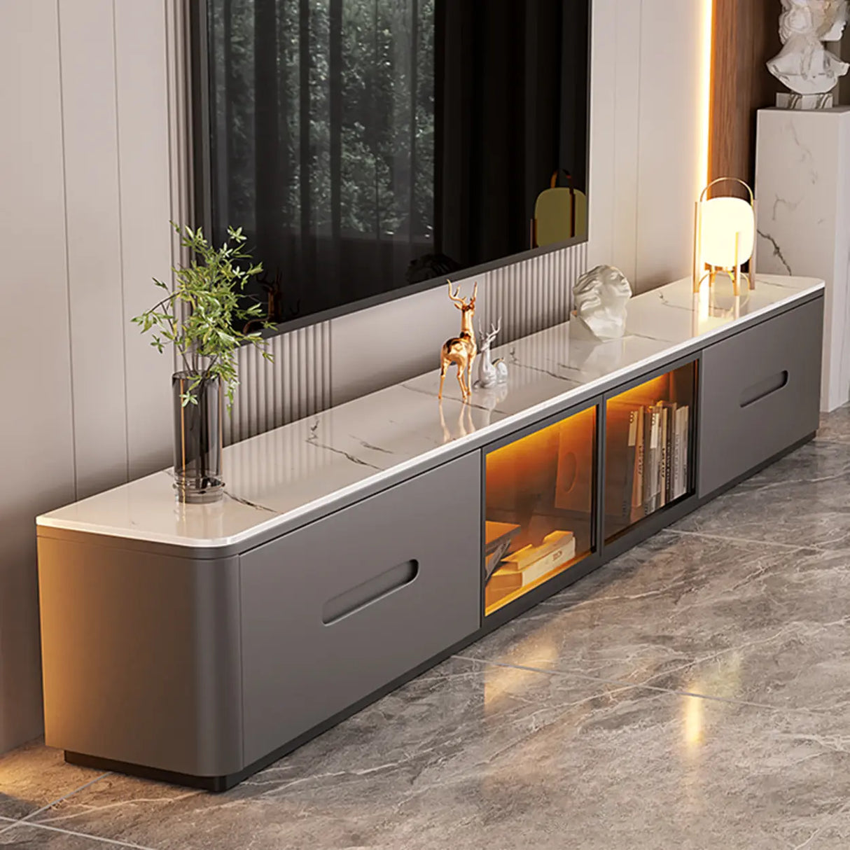 Modern Marble Wood TV Stand with Storage Ambient Lighting Image - 1