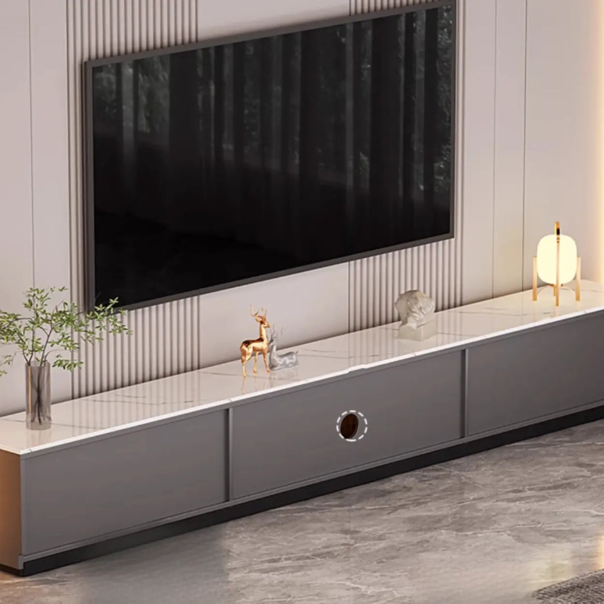 Modern Marble Wood TV Stand with Storage Ambient Lighting Image - 11