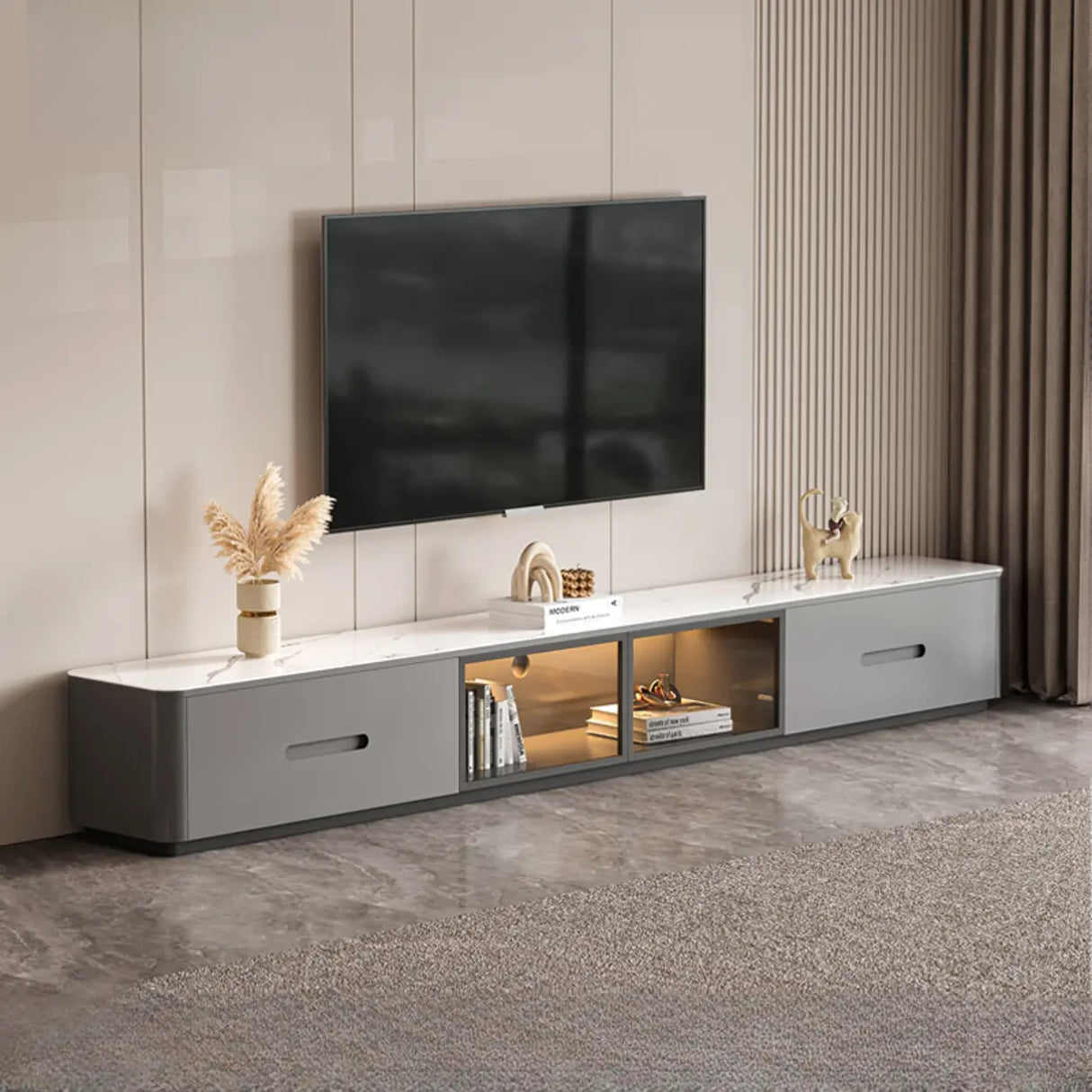 Modern Marble Wood TV Stand with Storage Ambient Lighting Image - 2