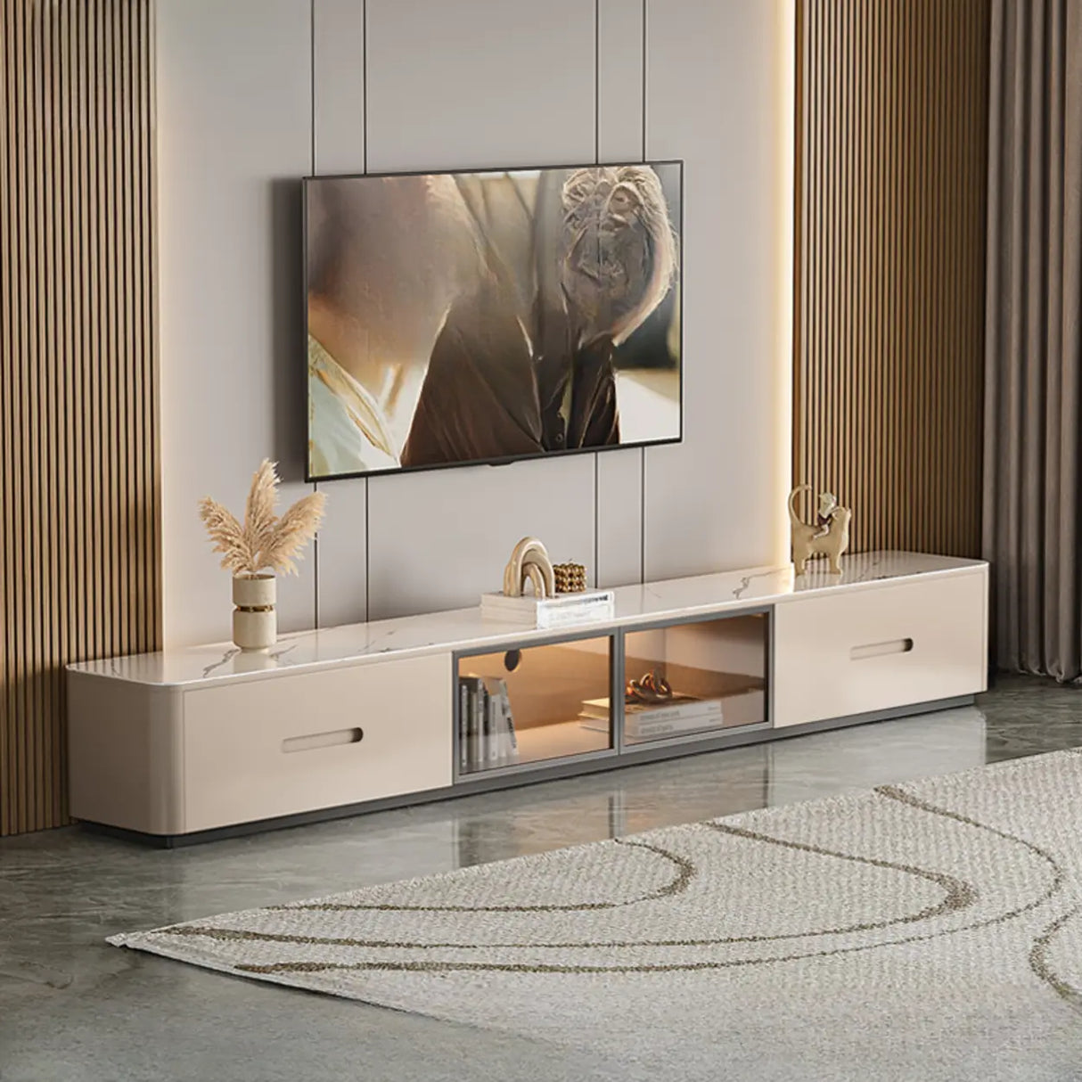 Modern Marble Wood TV Stand with Storage Ambient Lighting Image - 3