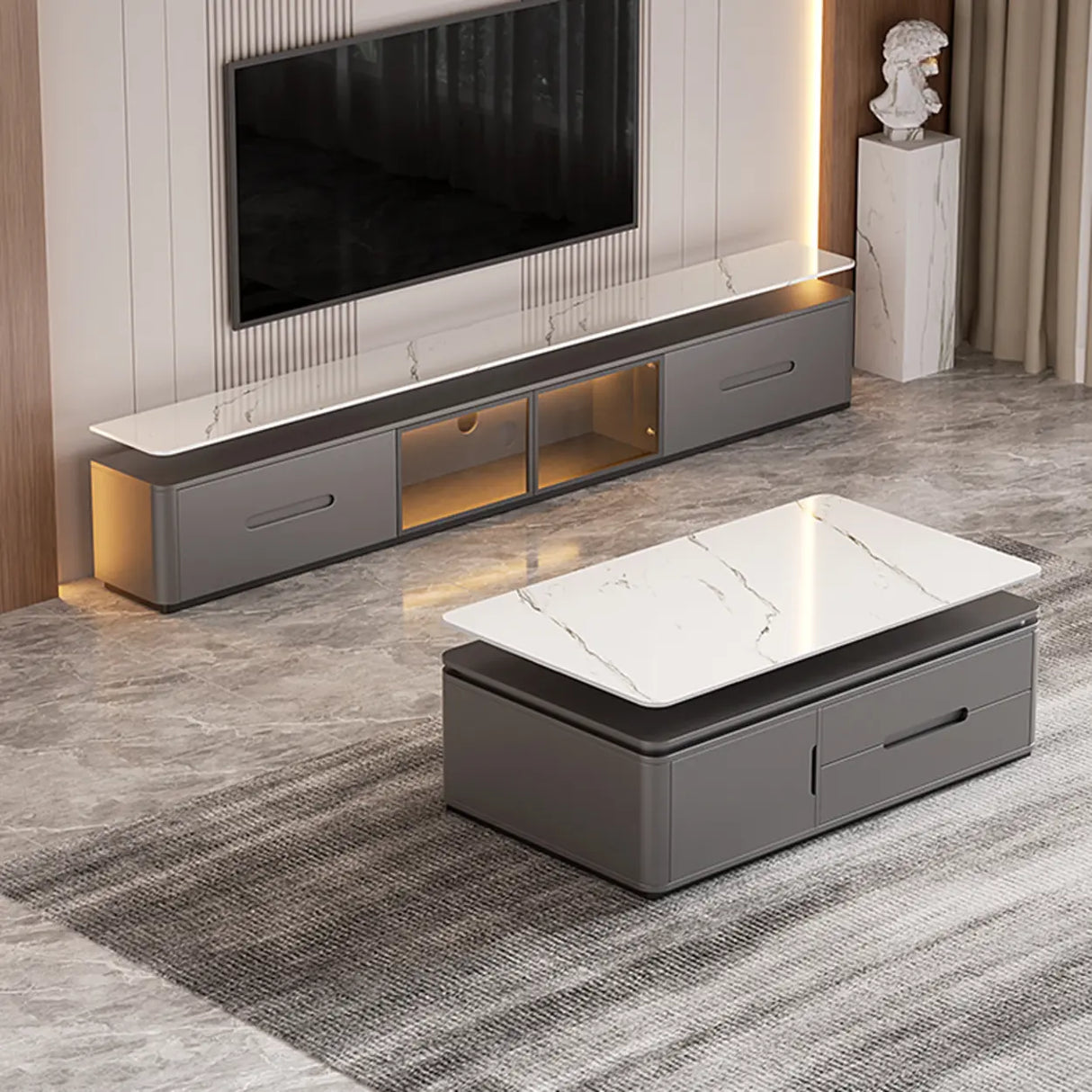 Modern Marble Wood TV Stand with Storage Ambient Lighting Image - 4