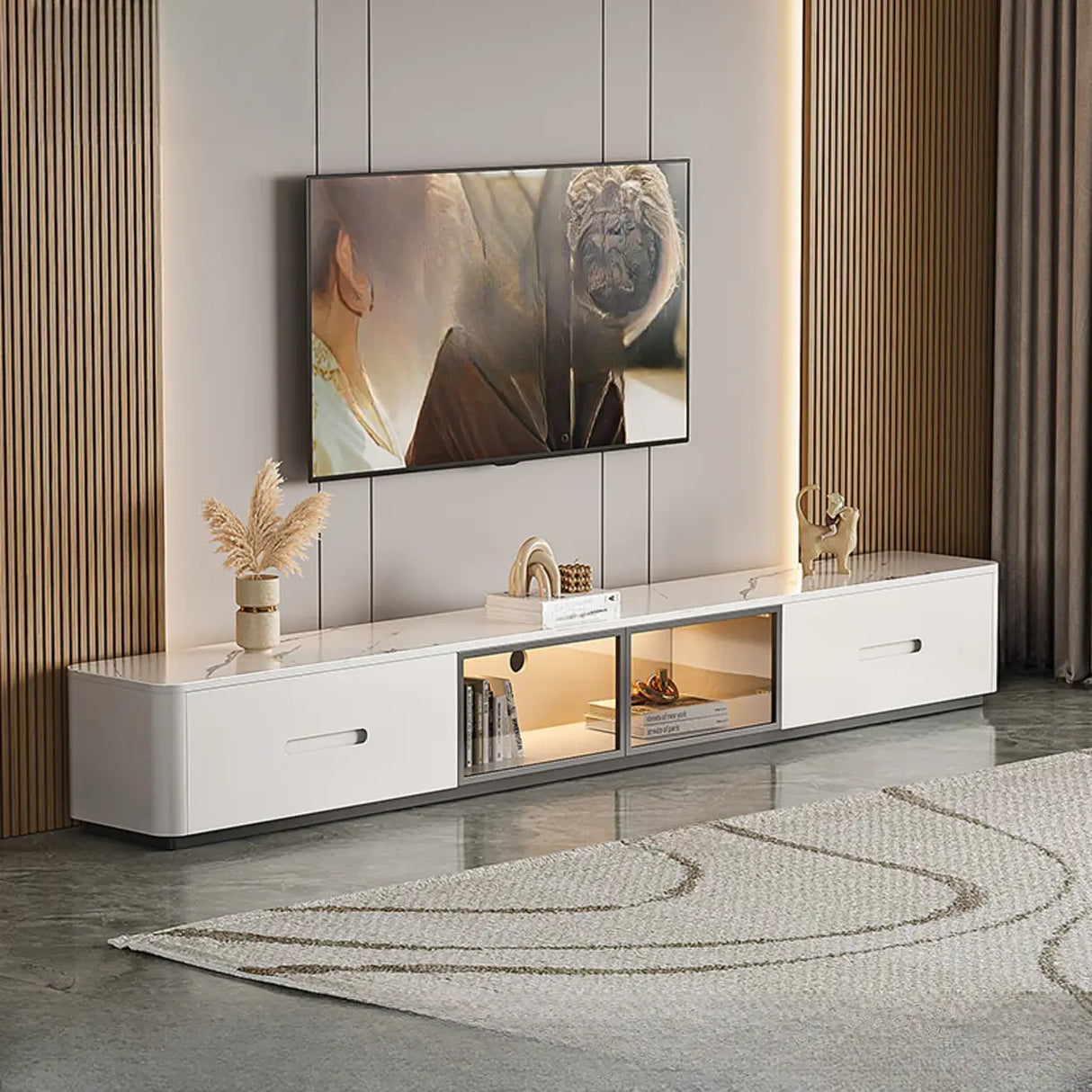 Modern Marble Wood TV Stand with Storage Ambient Lighting Image - 5