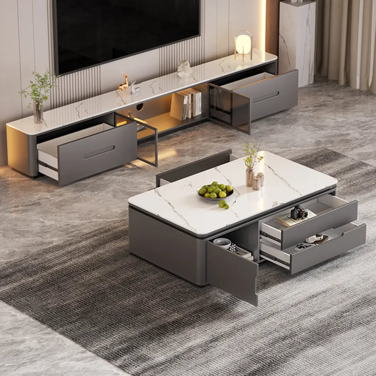 Modern Marble Wood TV Stand with Storage Ambient Lighting Image - 6