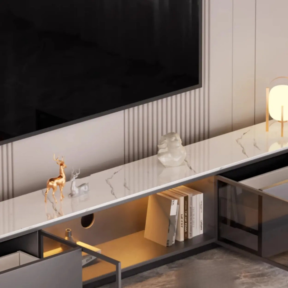 Modern Marble Wood TV Stand with Storage Ambient Lighting Image - 7