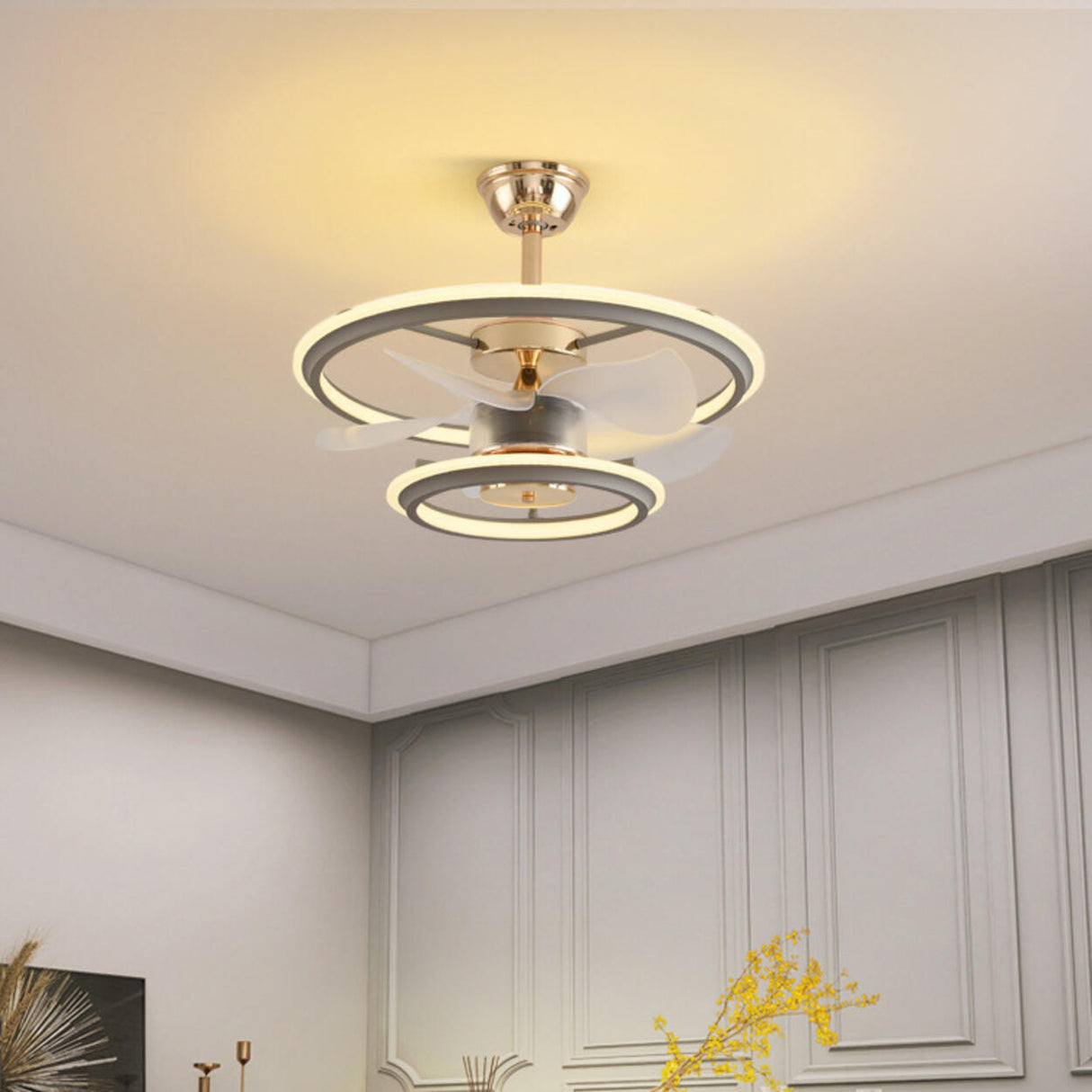 Modern Metal 2 Ring 5 Plastic Blades Ceiling Fan Light Image - 3