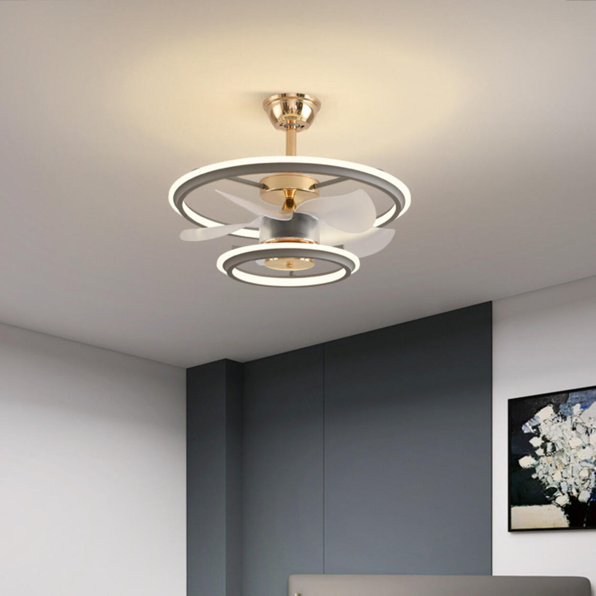 Modern Metal 2 Ring 5 Plastic Blades Ceiling Fan Light Image - 4
