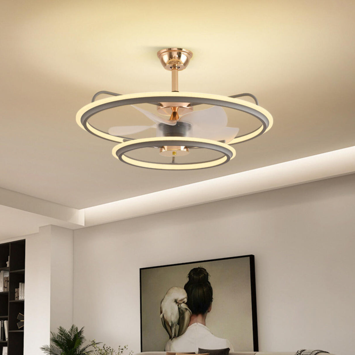 Modern Metal 2 Ring 5 Plastic Blades Ceiling Fan Light Image - 5