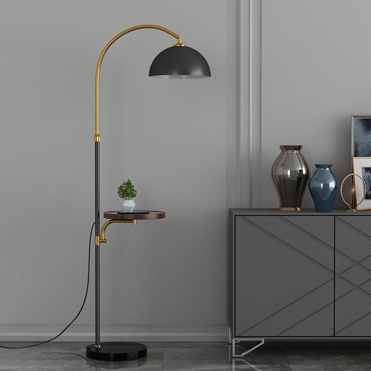 Modern Metal Arc Frame Table Storage Dome Floor Lamp Image - 15