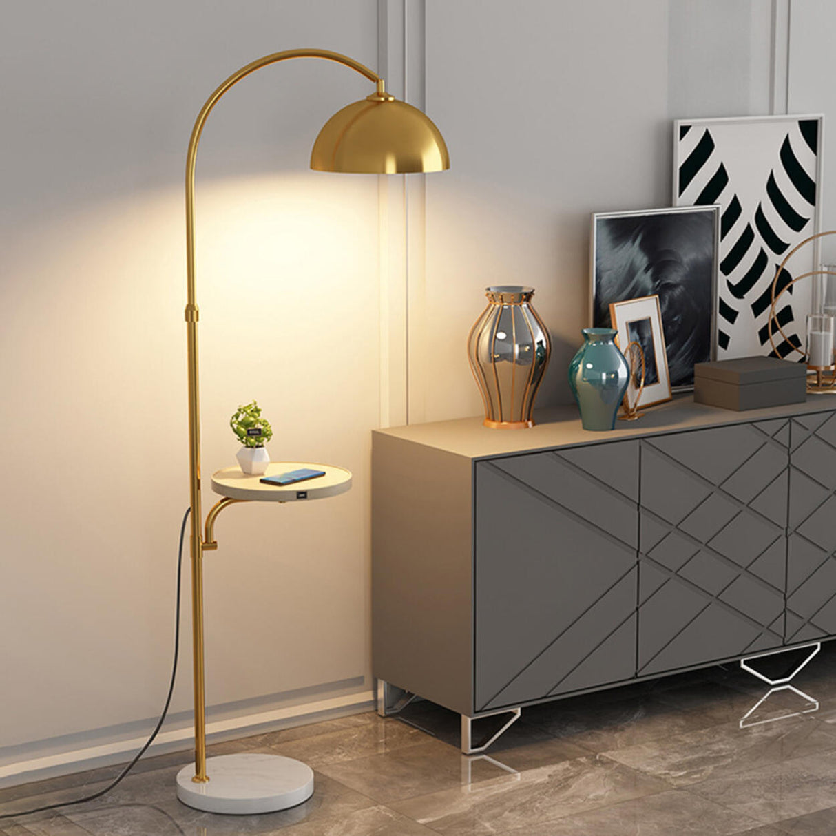 Modern Metal Arc Frame Table Storage Dome Floor Lamp Image - 6