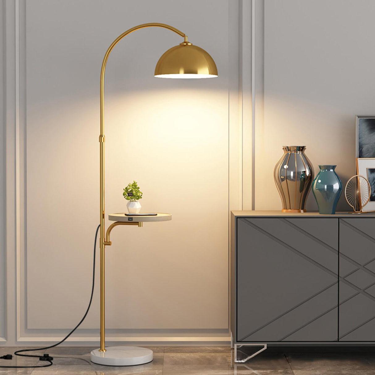 Modern Metal Arc Frame Table Storage Dome Floor Lamp Image - 8