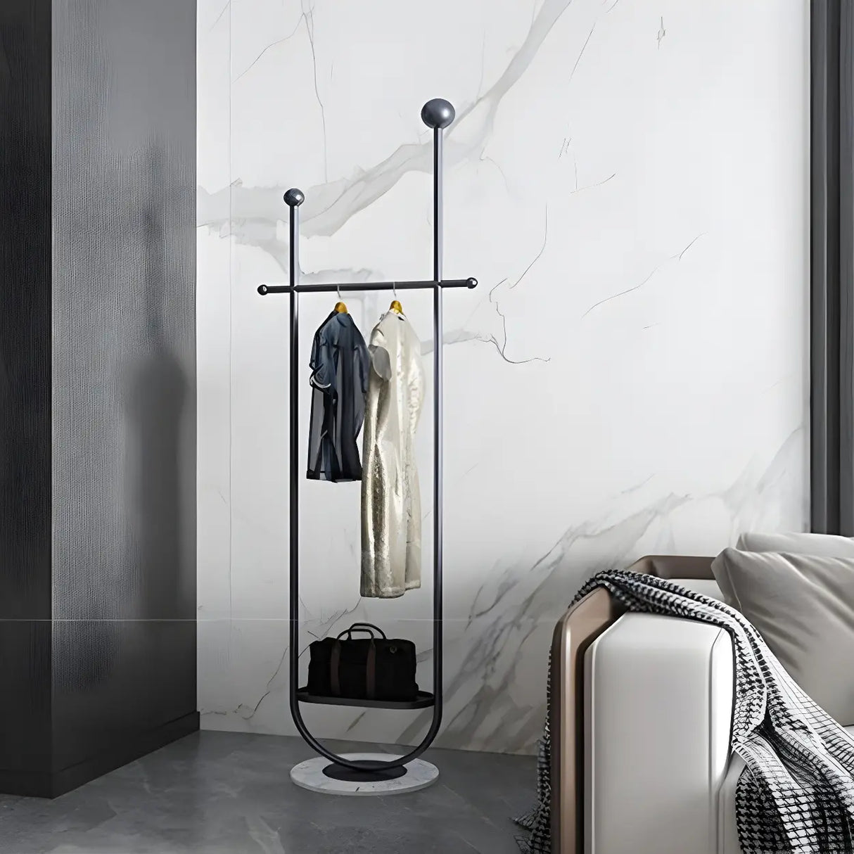 Modern Metal Black Free-Standing Coat Rack with Shelf Image - 1