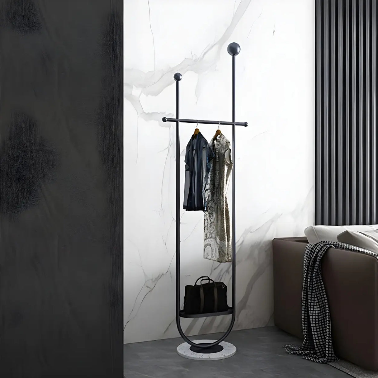 Modern Metal Black Free-Standing Coat Rack with Shelf Image - 7