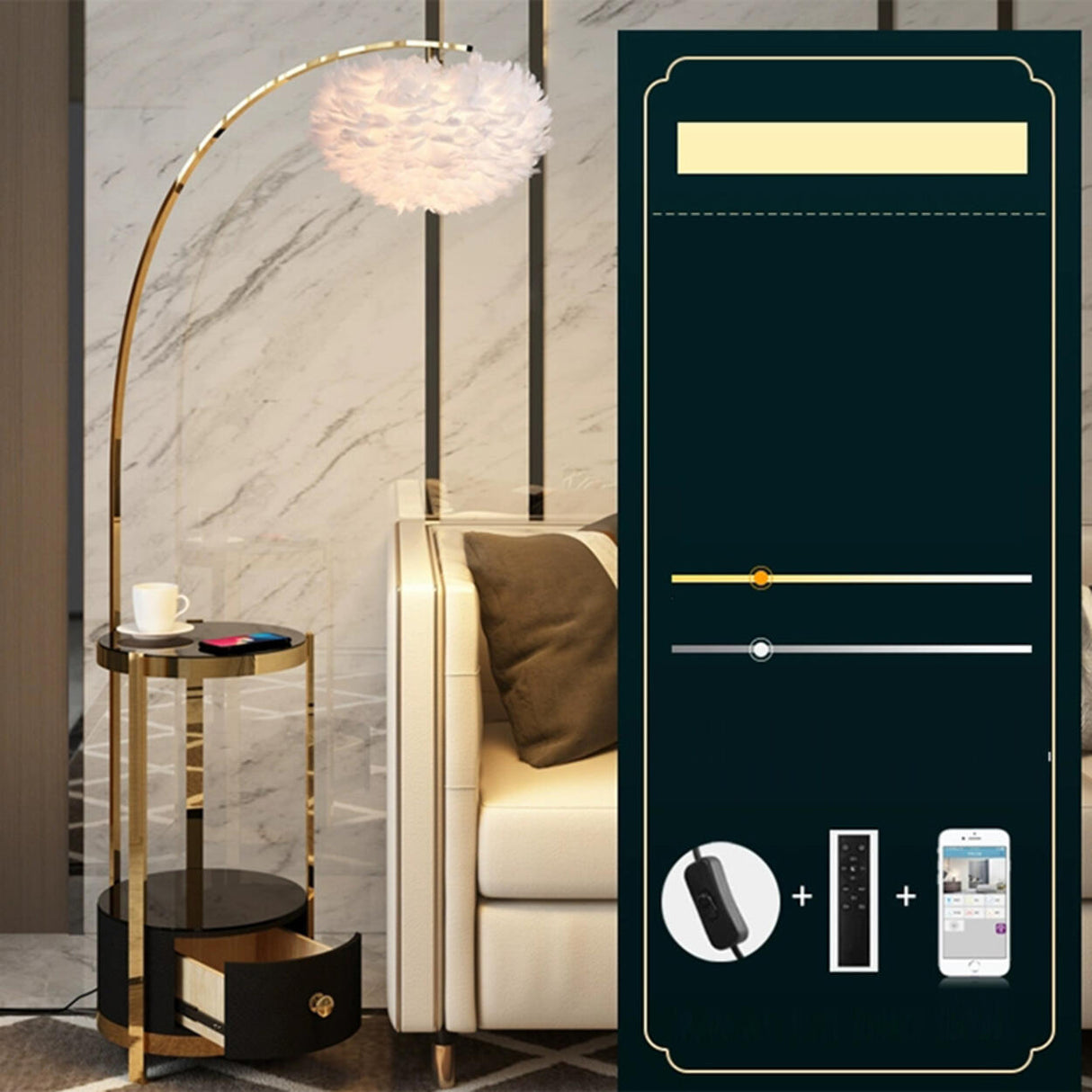 Modern Metal Feather Floor Lamp Storage Shelf Image - 12