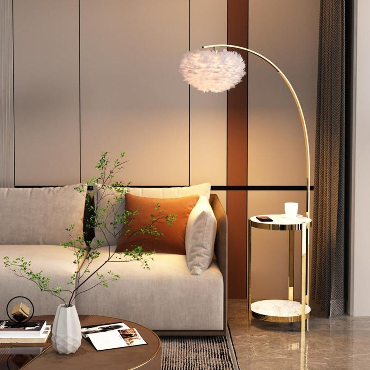 Modern Metal Feather Floor Lamp Storage Shelf Image - 3