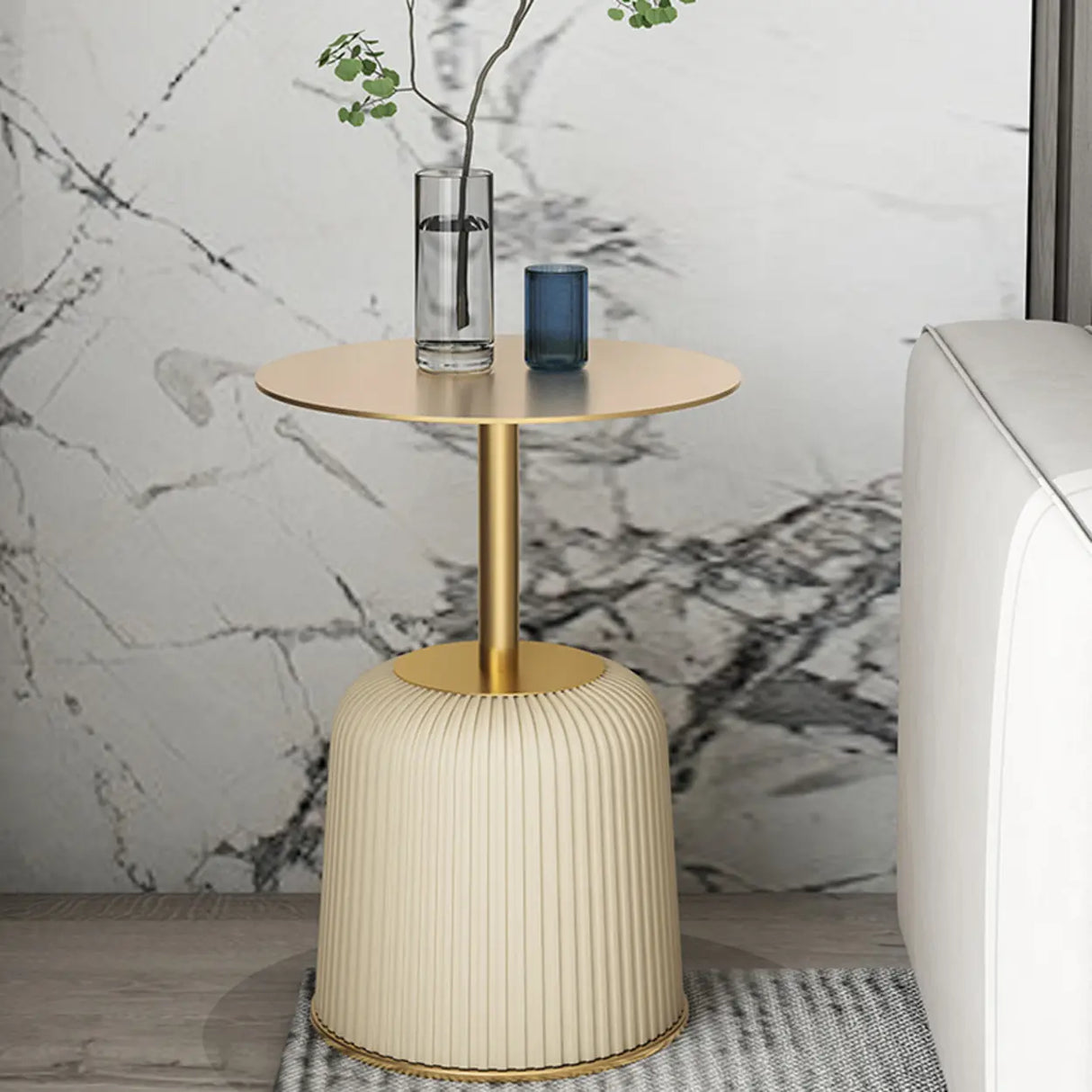 Modern Metal Marble Top Ribbed Pedestal Side Table Image - 1