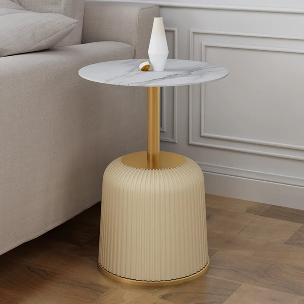 Modern Metal Marble Top Ribbed Pedestal Side Table Image - 4