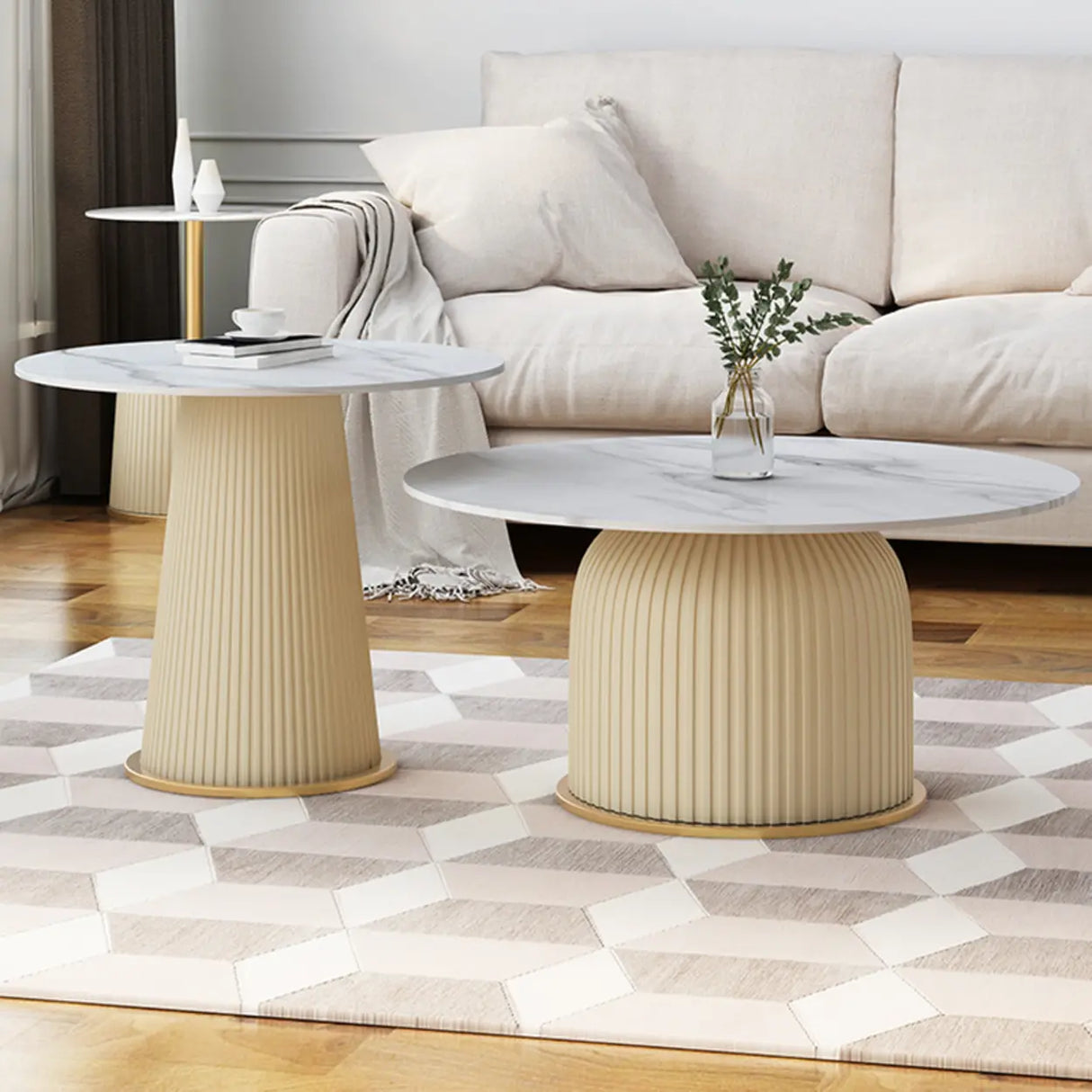 Modern Metal Marble Top Ribbed Pedestal Side Table Image - 6